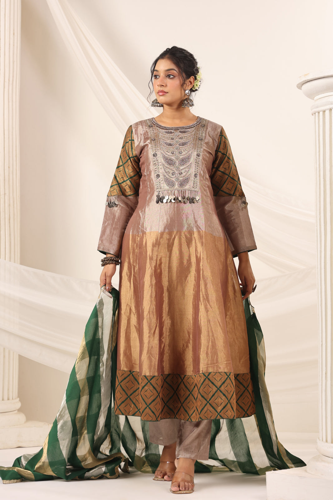 Golden Brown Tissue Silk Anarkali Salwar Suit With Rich Embroidery & Contrast Green Dupatta