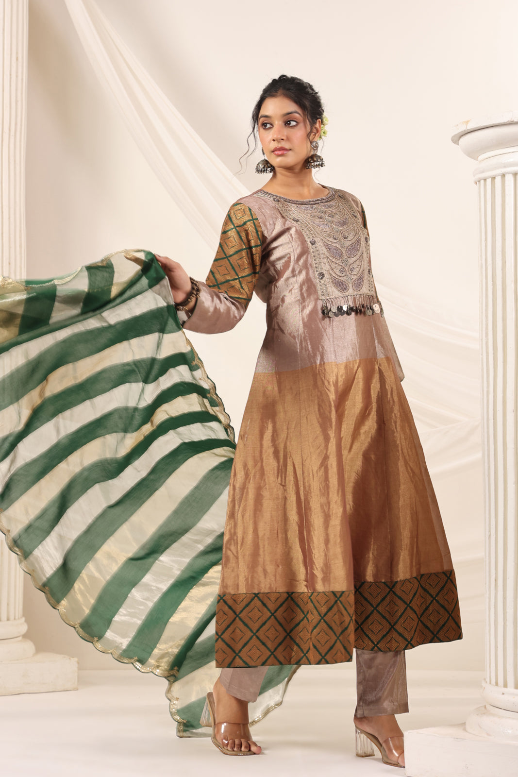 Golden Brown Tissue Silk Anarkali Salwar Suit With Rich Embroidery & Contrast Green Dupatta