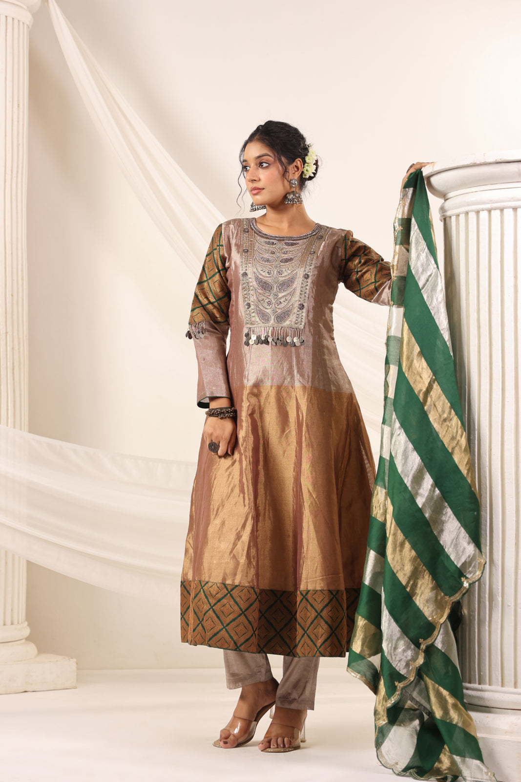 Golden Brown Tissue Silk Anarkali Salwar Suit With Rich Embroidery & Contrast Green Dupatta