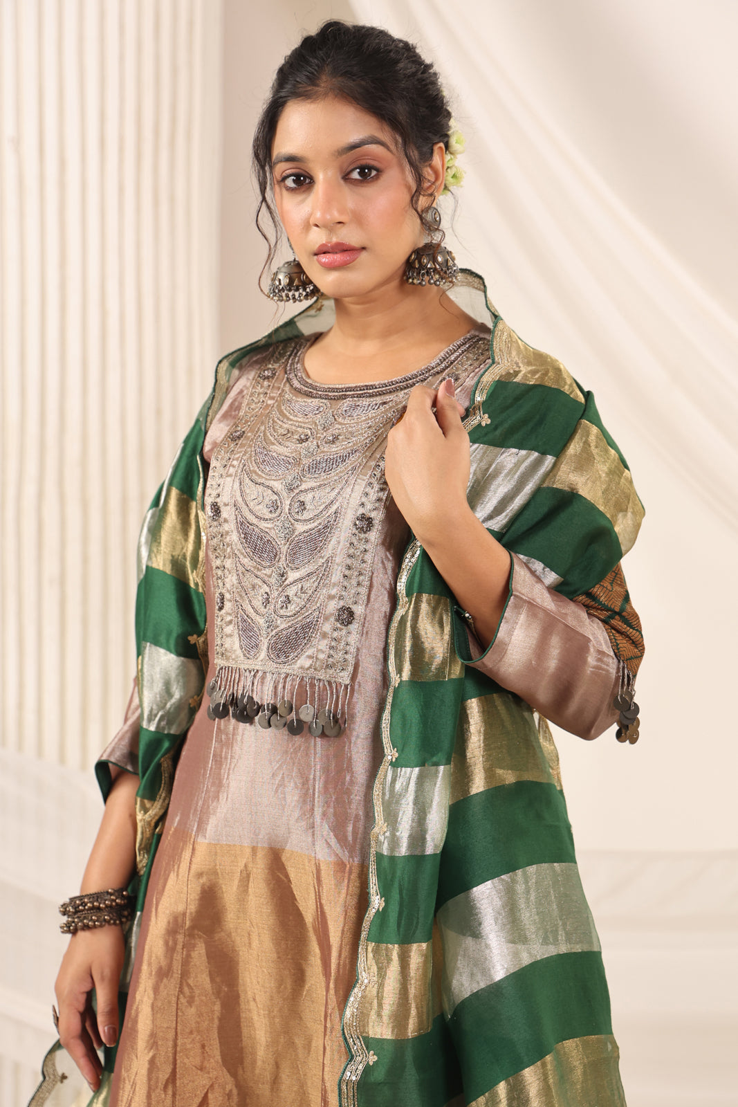 Golden Brown Tissue Silk Anarkali Salwar Suit With Rich Embroidery & Contrast Green Dupatta