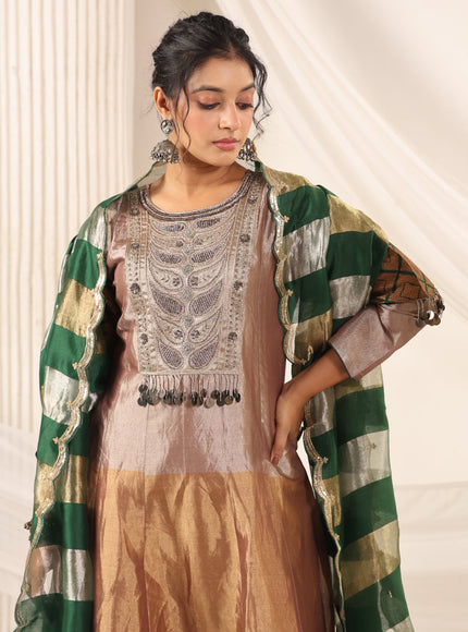 Golden Brown Tissue Silk Anarkali Salwar Suit With Rich Embroidery & Contrast Green Dupatta