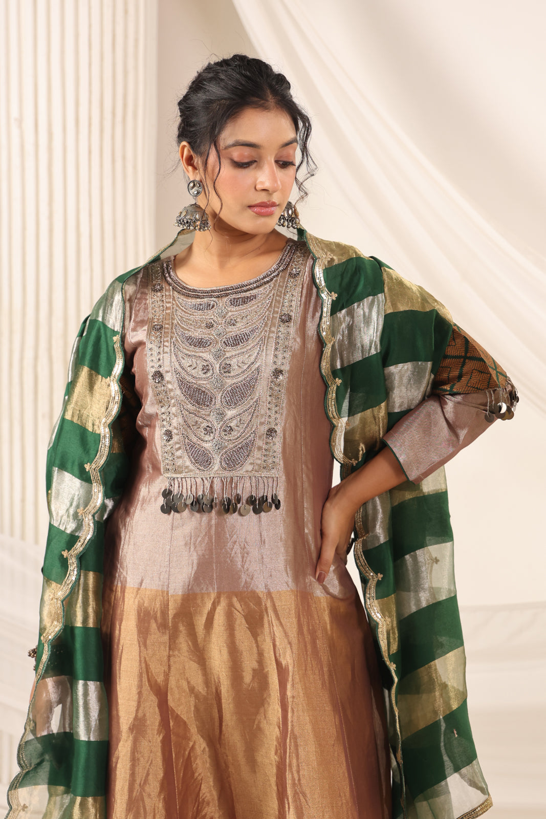 Golden Brown Tissue Silk Anarkali Salwar Suit With Rich Embroidery & Contrast Green Dupatta