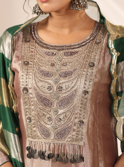 Golden Brown Tissue Silk Anarkali Salwar Suit With Rich Embroidery & Contrast Green Dupatta