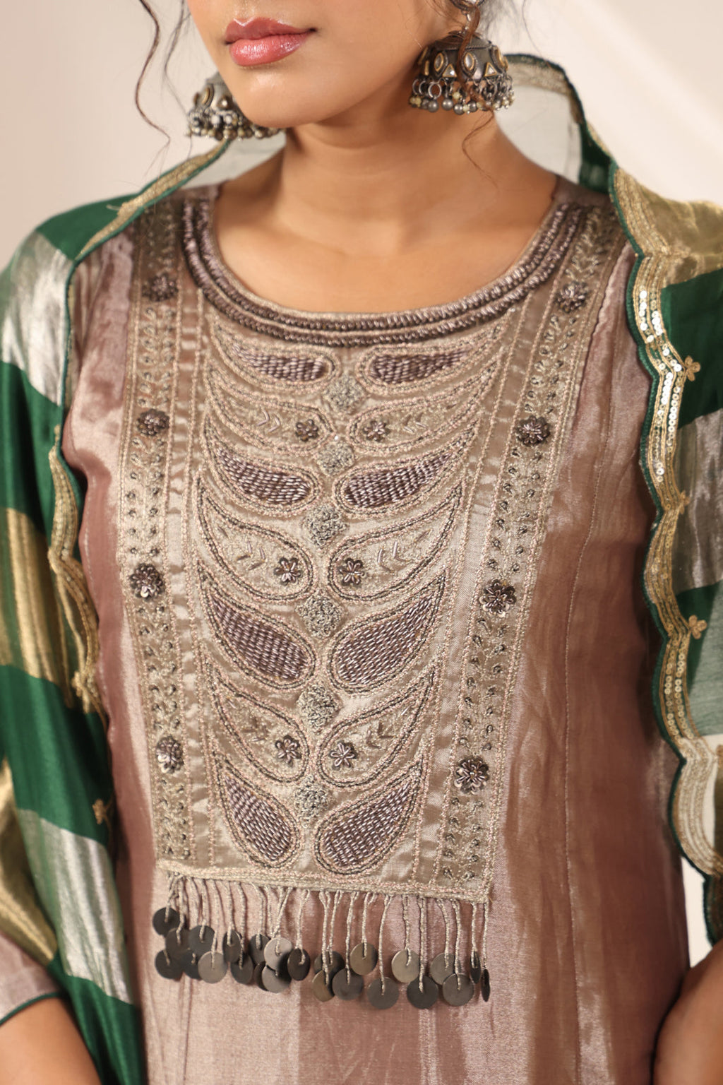 Golden Brown Tissue Silk Anarkali Salwar Suit With Rich Embroidery & Contrast Green Dupatta