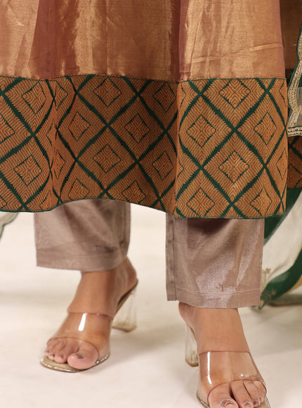 Golden Brown Tissue Silk Anarkali Salwar Suit With Rich Embroidery & Contrast Green Dupatta