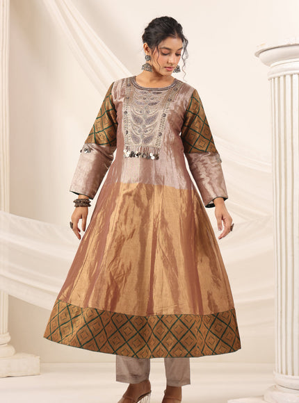 Golden Brown Tissue Silk Anarkali Salwar Suit With Rich Embroidery & Contrast Green Dupatta