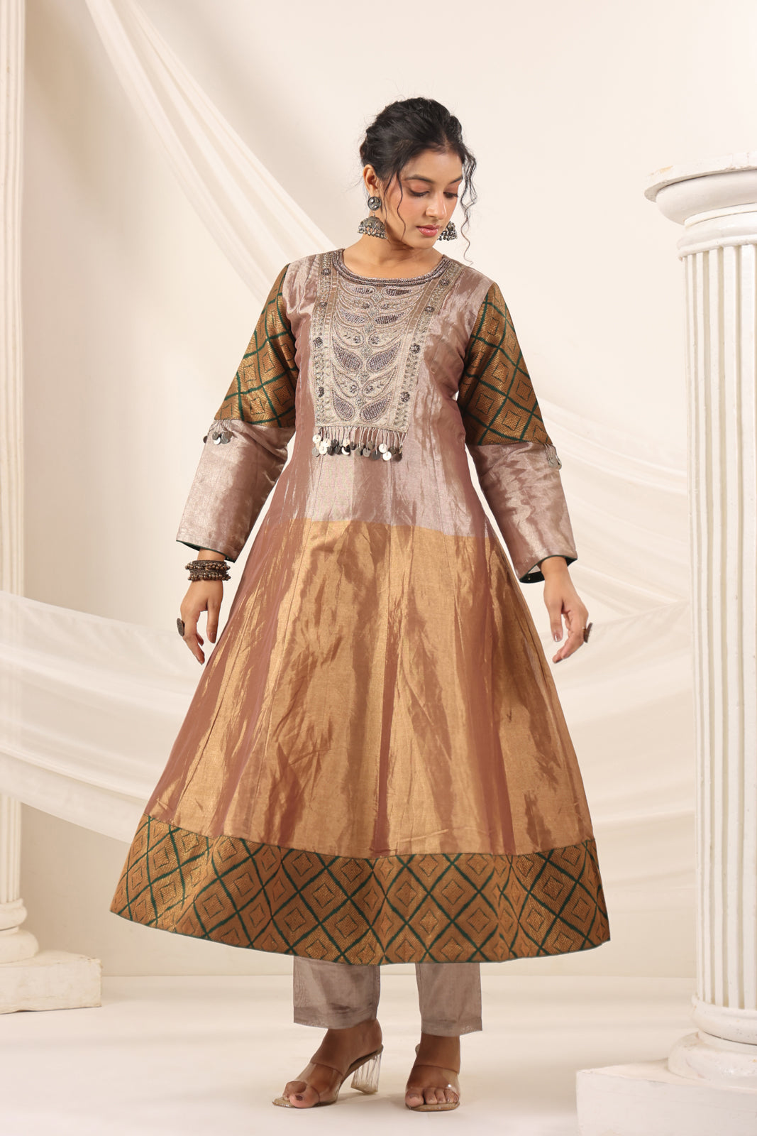 Golden Brown Tissue Silk Anarkali Salwar Suit With Rich Embroidery & Contrast Green Dupatta
