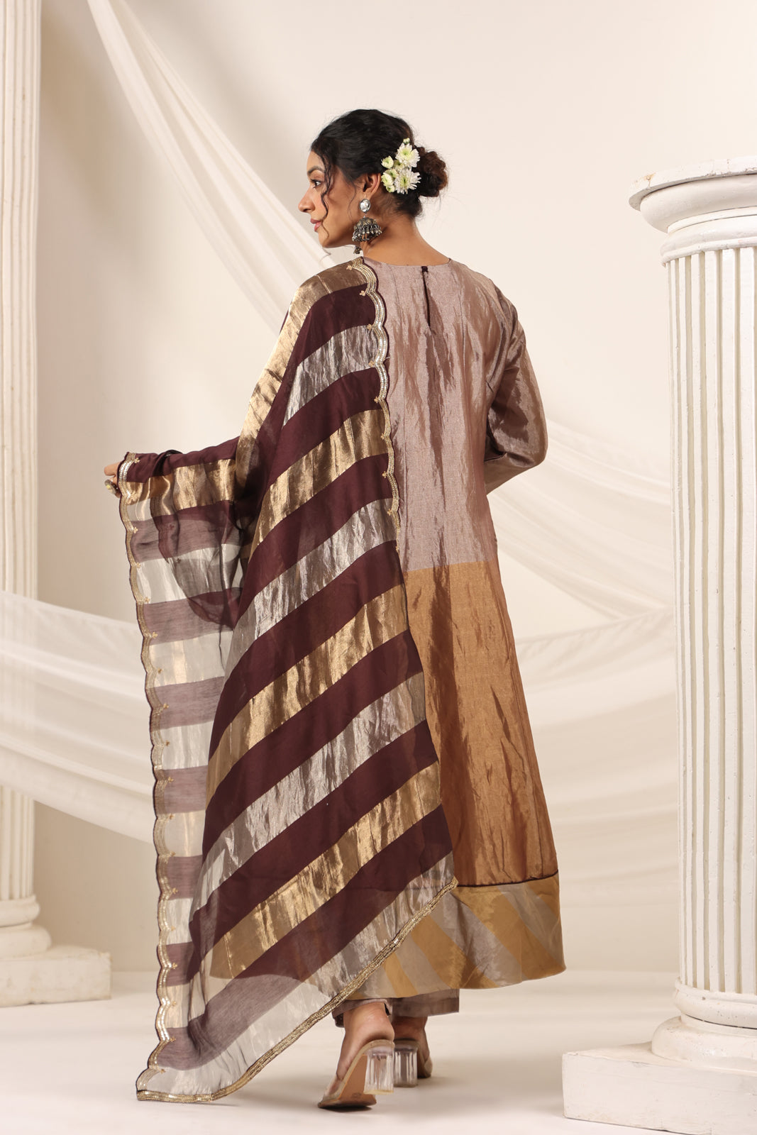 Brown-Gold Tissue Silk Anarkali Salwar Suit With Rich Embroidery & Contrast Brown Dupatta