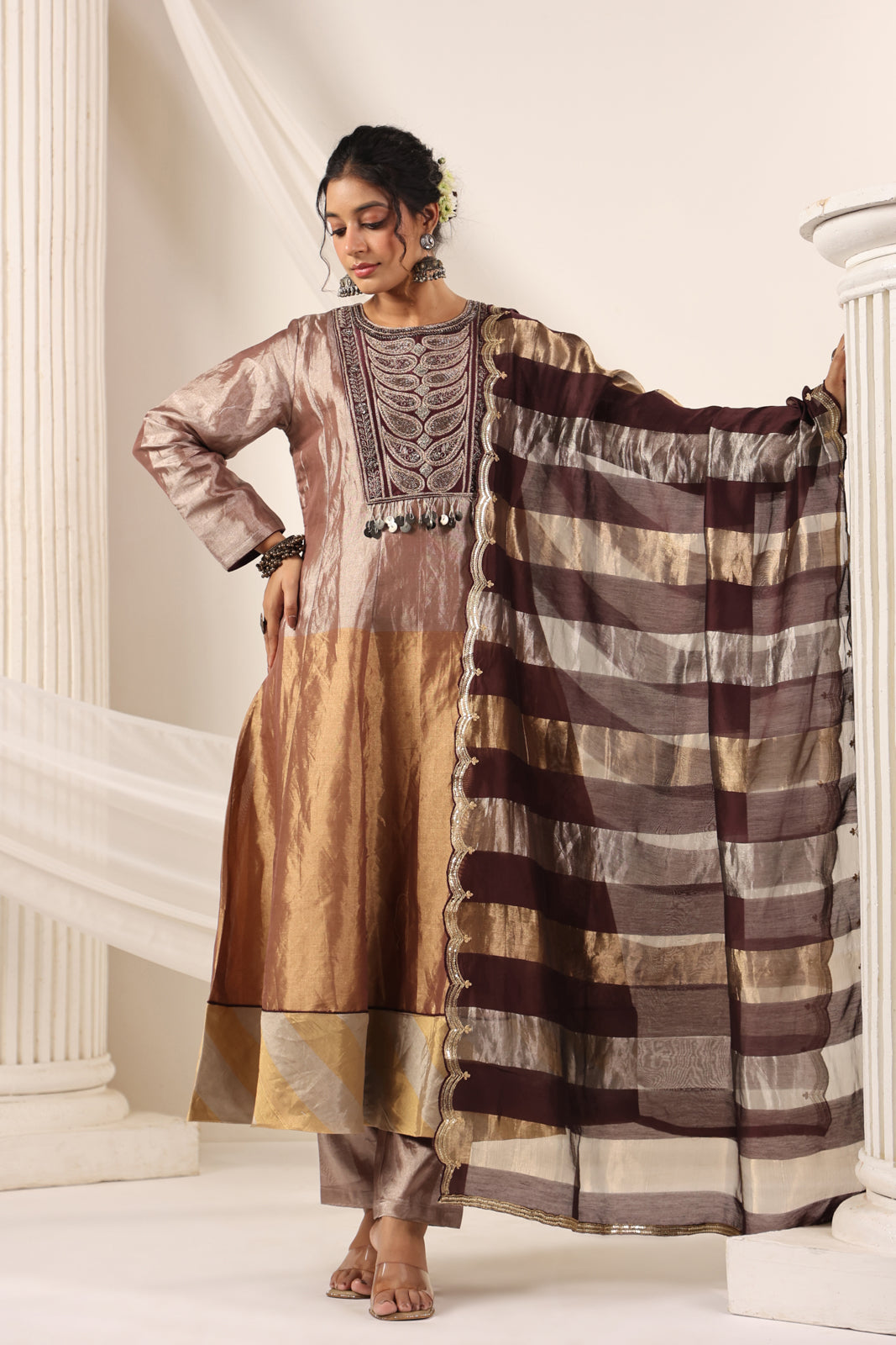 Brown-Gold Tissue Silk Anarkali Salwar Suit With Rich Embroidery & Contrast Brown Dupatta