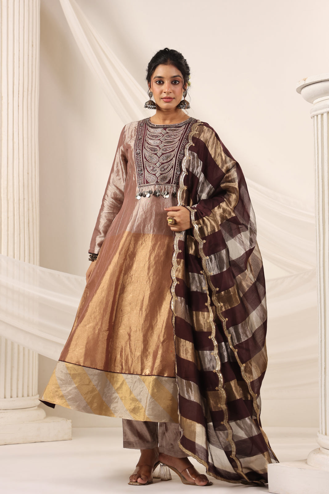 Brown-Gold Tissue Silk Anarkali Salwar Suit With Rich Embroidery & Contrast Brown Dupatta