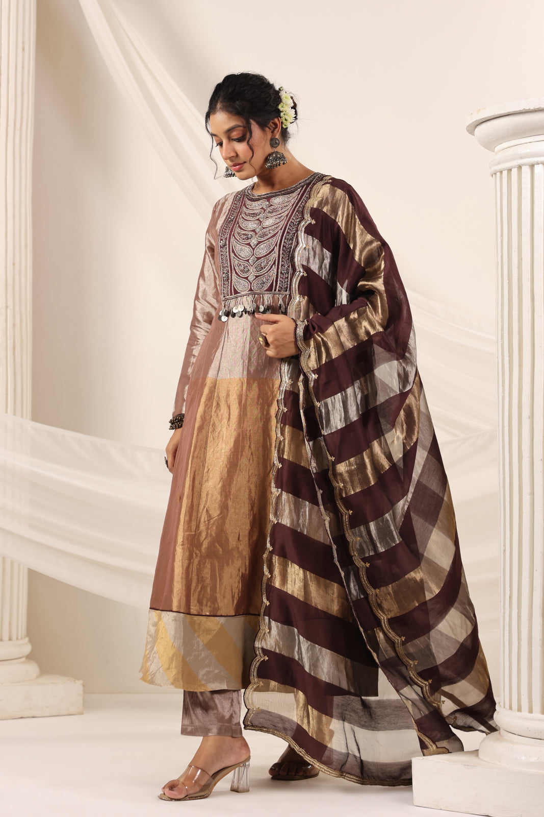 Brown-Gold Tissue Silk Anarkali Salwar Suit With Rich Embroidery & Contrast Brown Dupatta