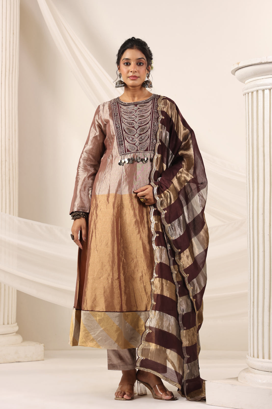 Brown-Gold Tissue Silk Anarkali Salwar Suit With Rich Embroidery & Contrast Brown Dupatta