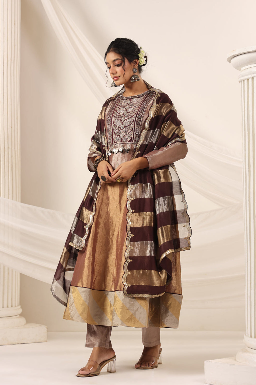 Brown-Gold Tissue Silk Anarkali Salwar Suit With Rich Embroidery & Contrast Brown Dupatta