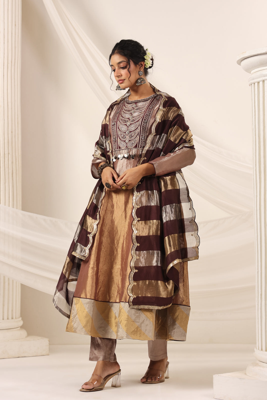 Brown-Gold Tissue Silk Anarkali Salwar Suit With Rich Embroidery & Contrast Brown Dupatta