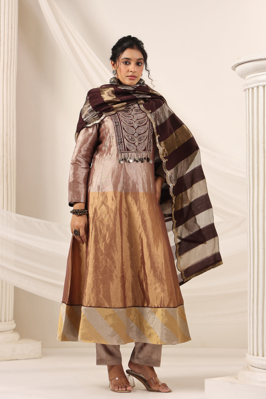 Brown-Gold Tissue Silk Anarkali Salwar Suit With Rich Embroidery & Contrast Brown Dupatta