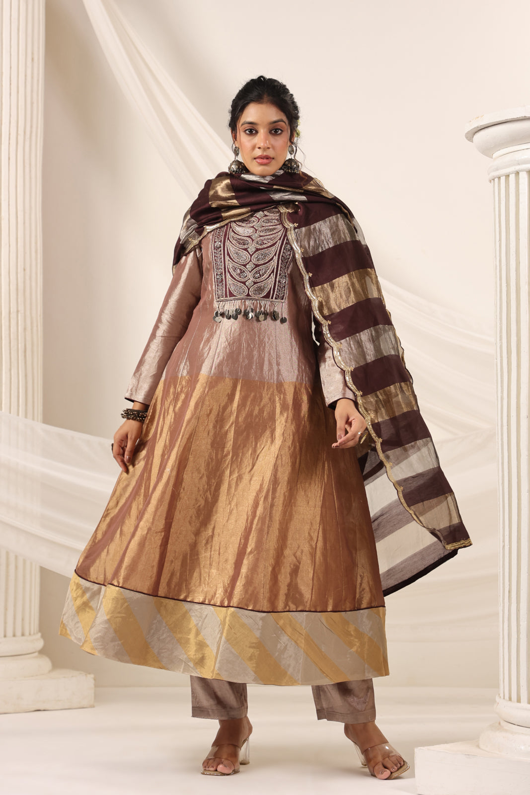 Brown-Gold Tissue Silk Anarkali Salwar Suit With Rich Embroidery & Contrast Brown Dupatta