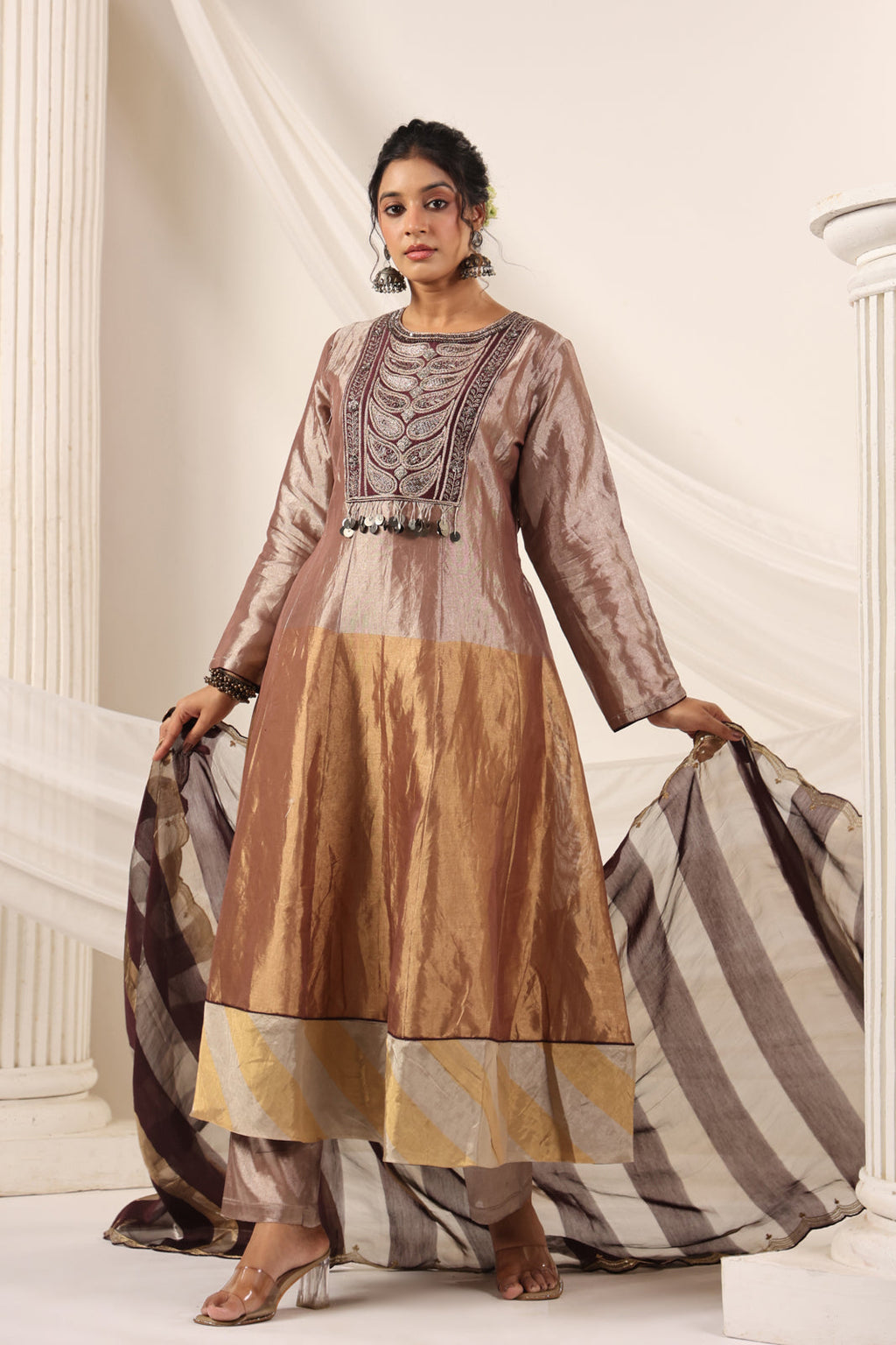 Brown-Gold Tissue Silk Anarkali Salwar Suit With Rich Embroidery & Contrast Brown Dupatta