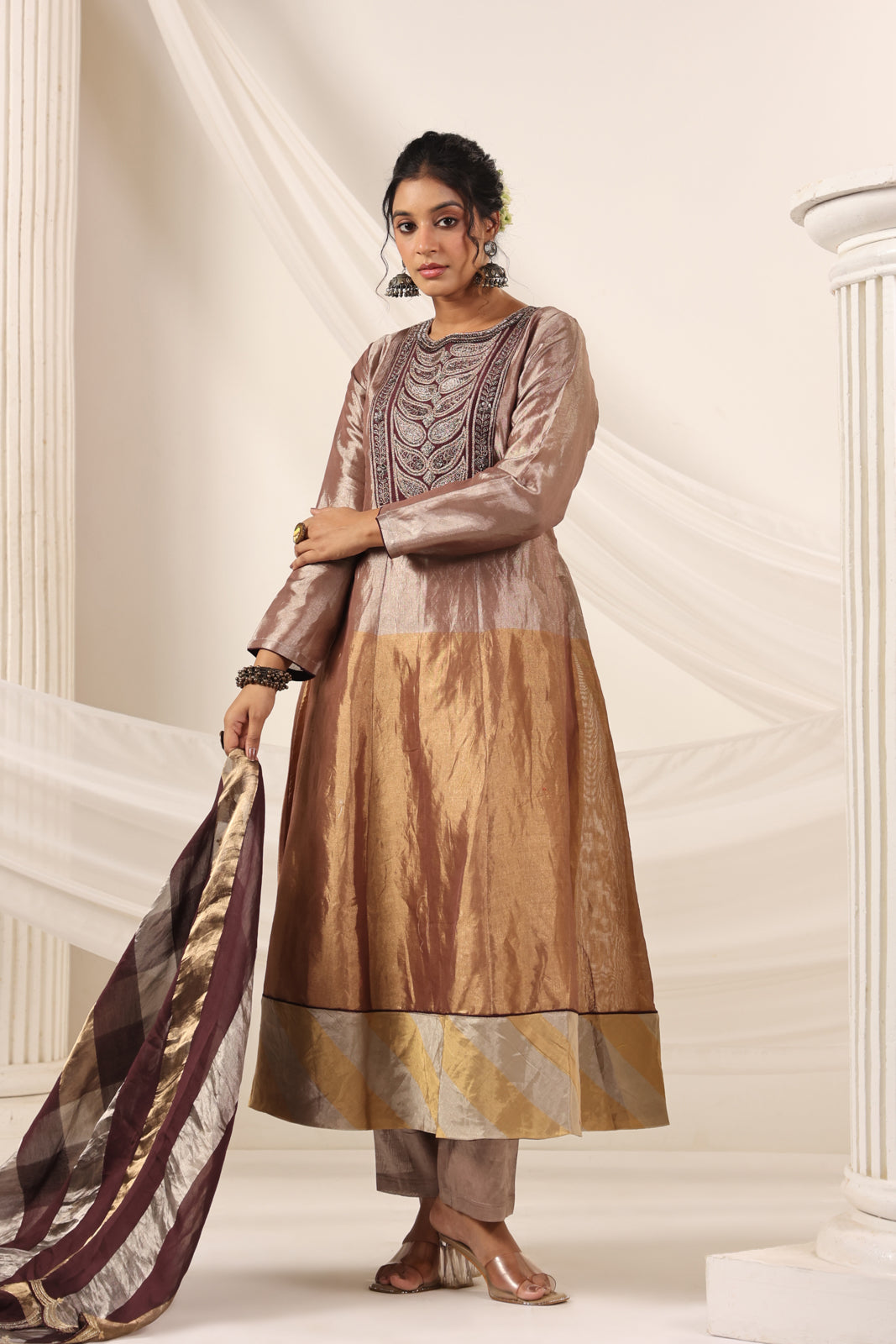 Brown-Gold Tissue Silk Anarkali Salwar Suit With Rich Embroidery & Contrast Brown Dupatta