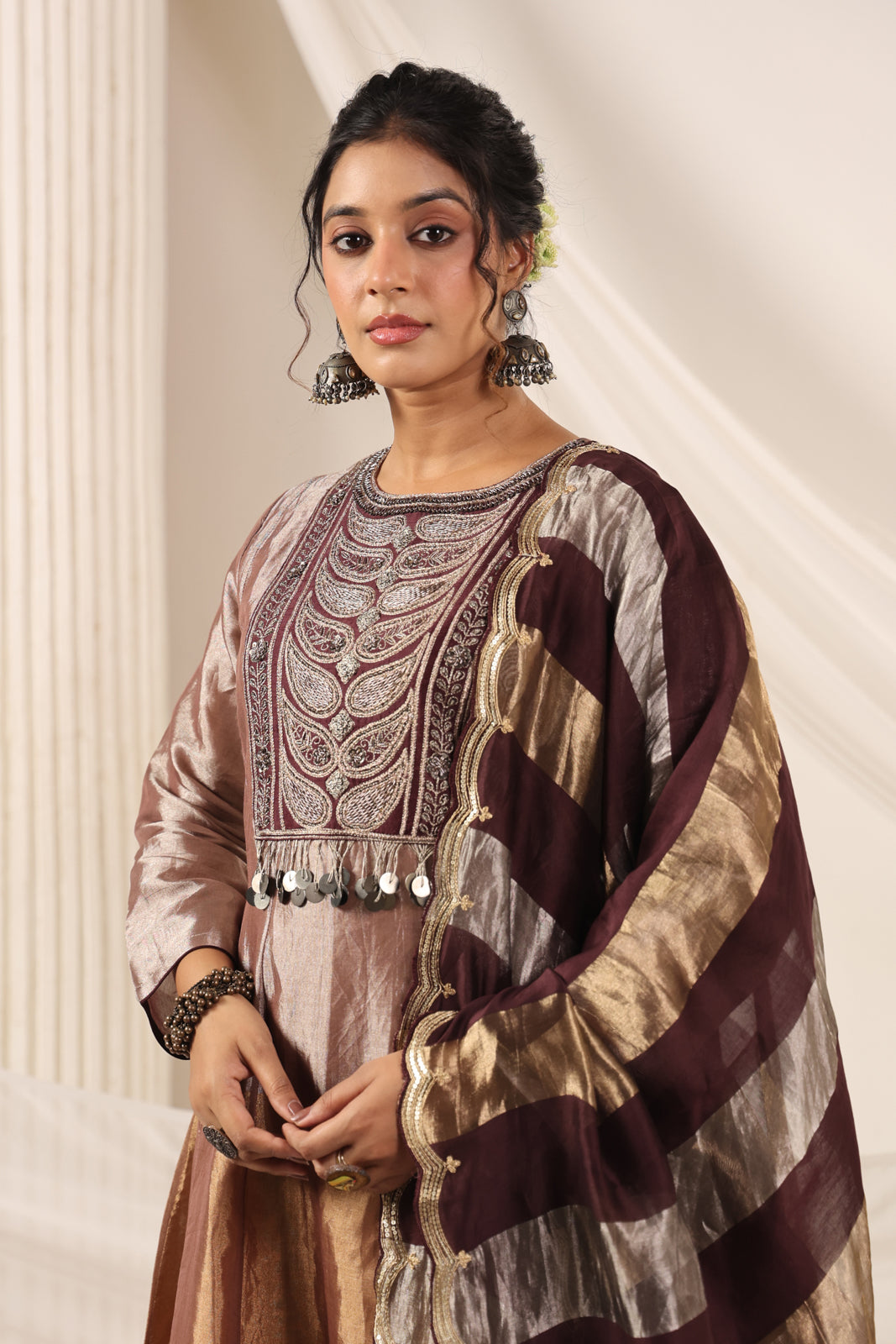 Brown-Gold Tissue Silk Anarkali Salwar Suit With Rich Embroidery & Contrast Brown Dupatta