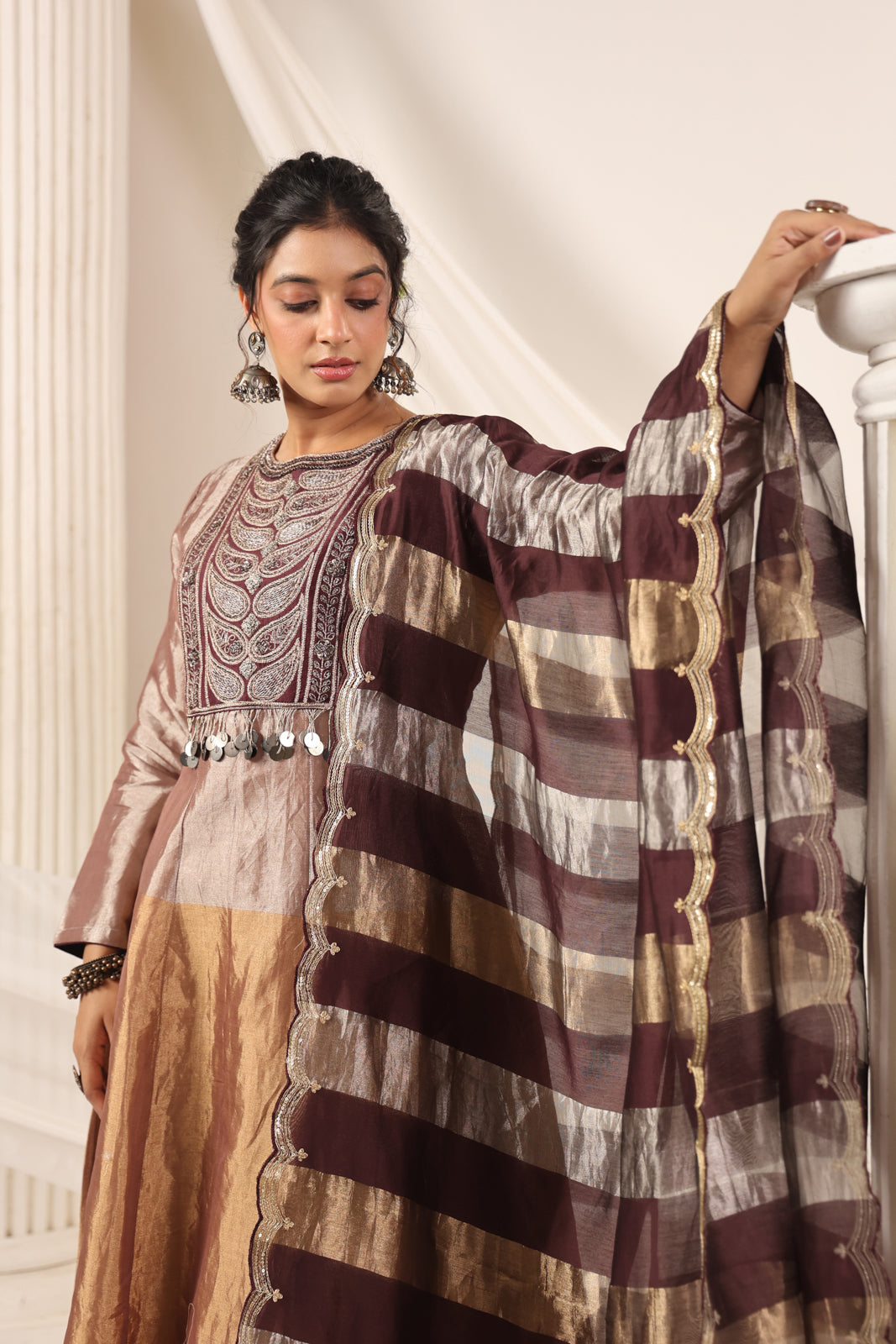 Brown-Gold Tissue Silk Anarkali Salwar Suit With Rich Embroidery & Contrast Brown Dupatta