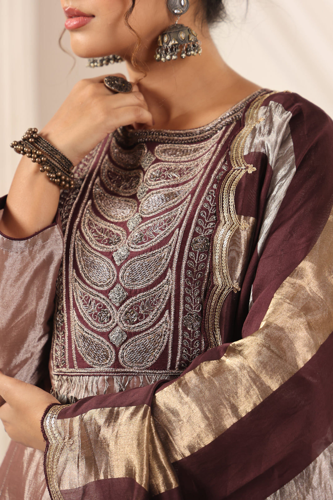 Brown-Gold Tissue Silk Anarkali Salwar Suit With Rich Embroidery & Contrast Brown Dupatta