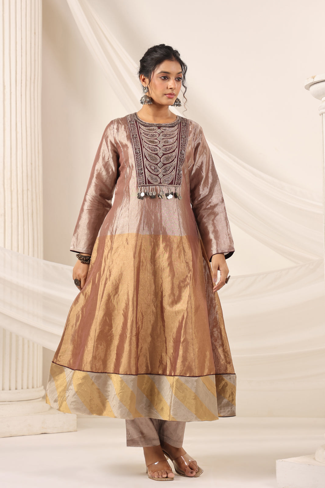 Brown-Gold Tissue Silk Anarkali Salwar Suit With Rich Embroidery & Contrast Brown Dupatta