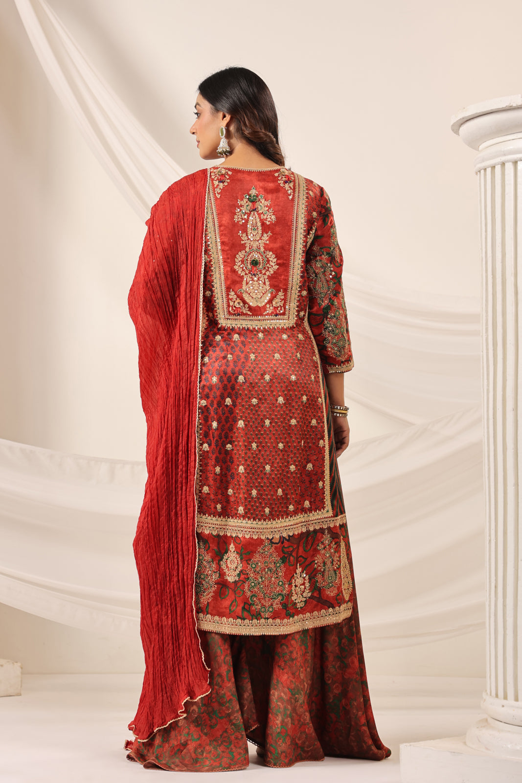 Deep Red Satin Crepe Sharara Suit With Prints & Elegant Embroidery