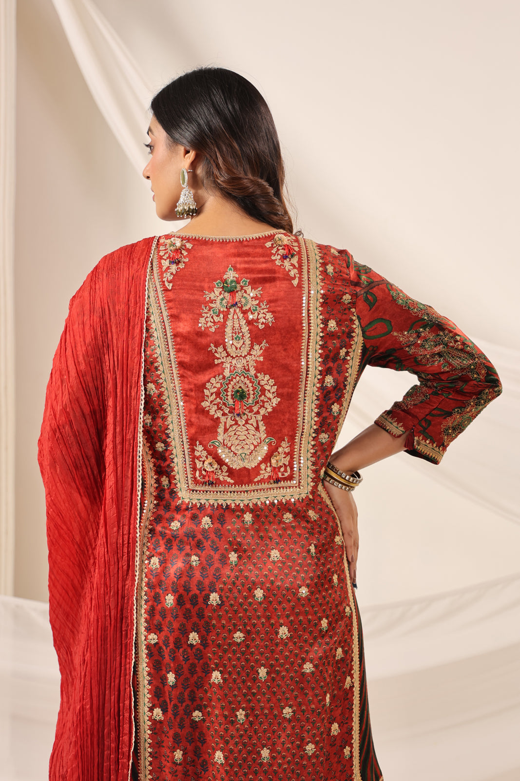 Deep Red Satin Crepe Sharara Suit With Prints & Elegant Embroidery