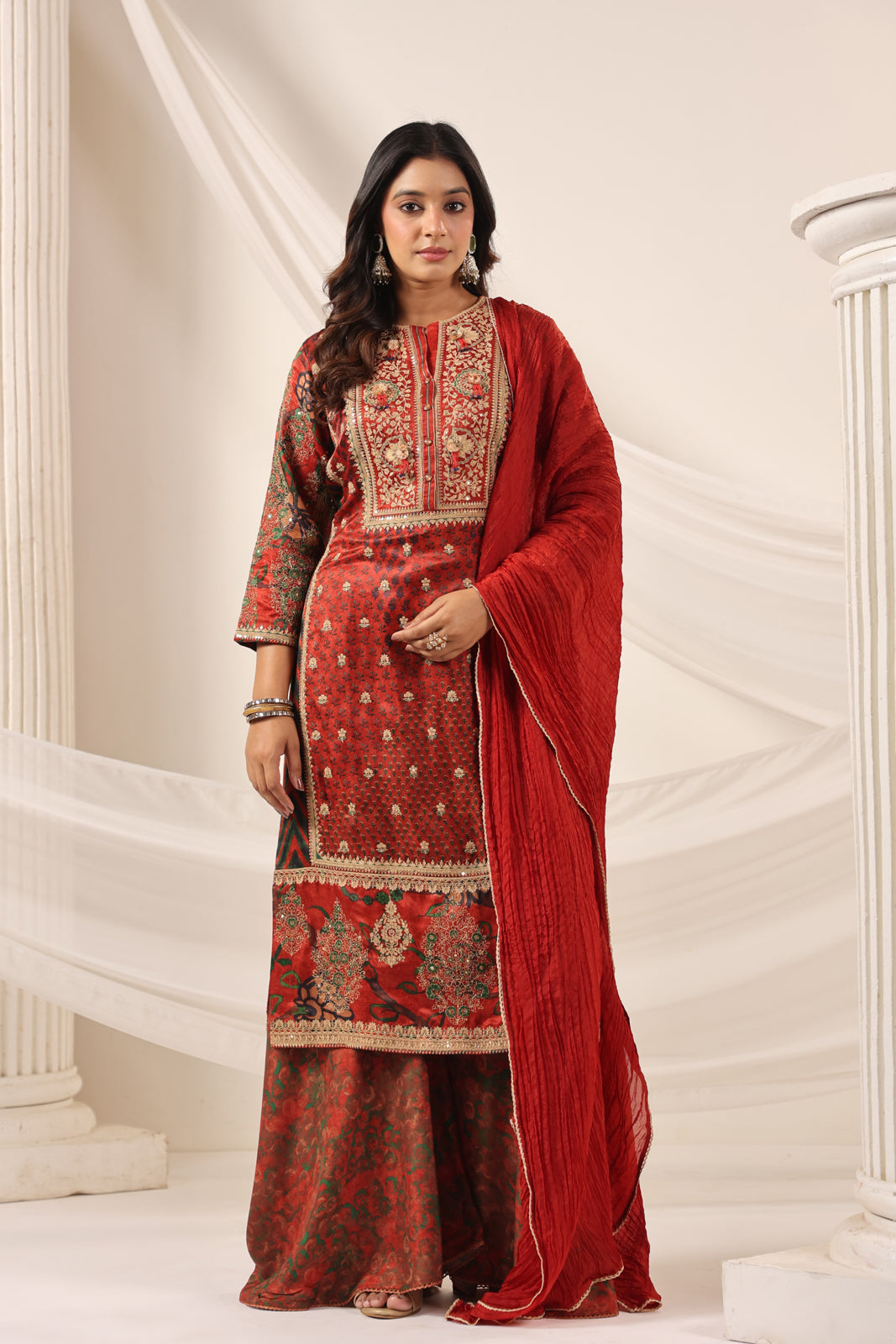 Deep Red Satin Crepe Sharara Suit With Prints & Elegant Embroidery