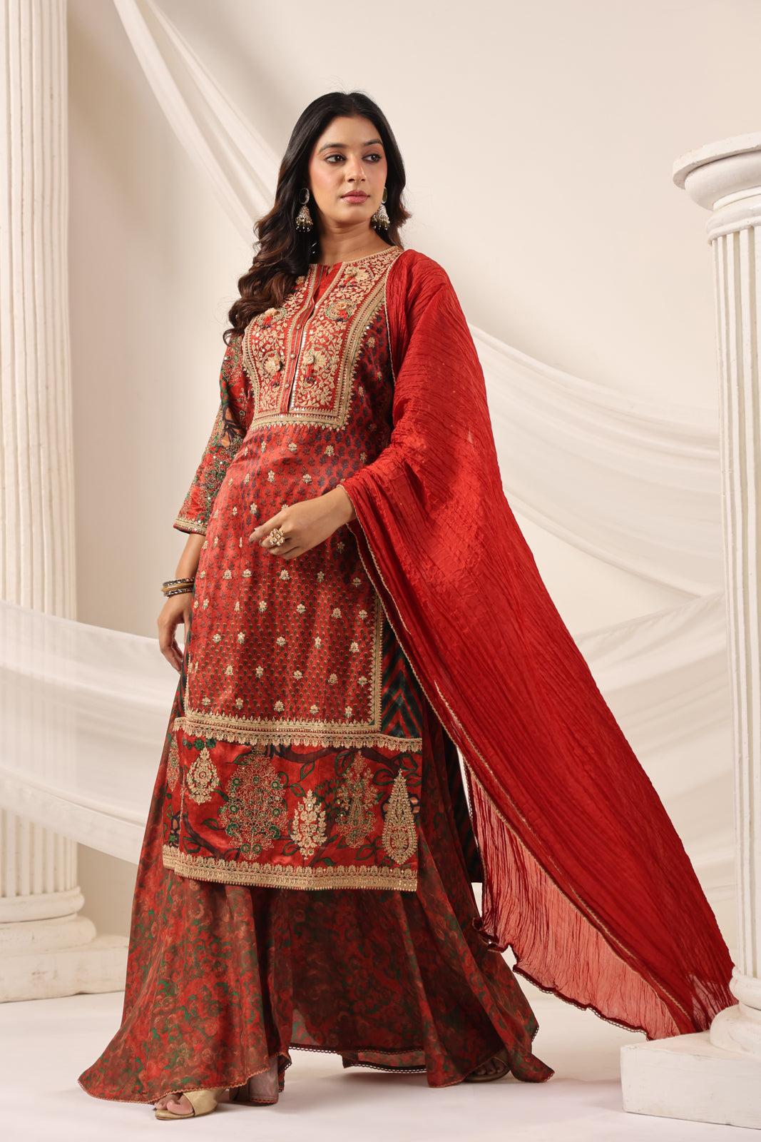 Deep Red Satin Crepe Sharara Suit With Prints & Elegant Embroidery