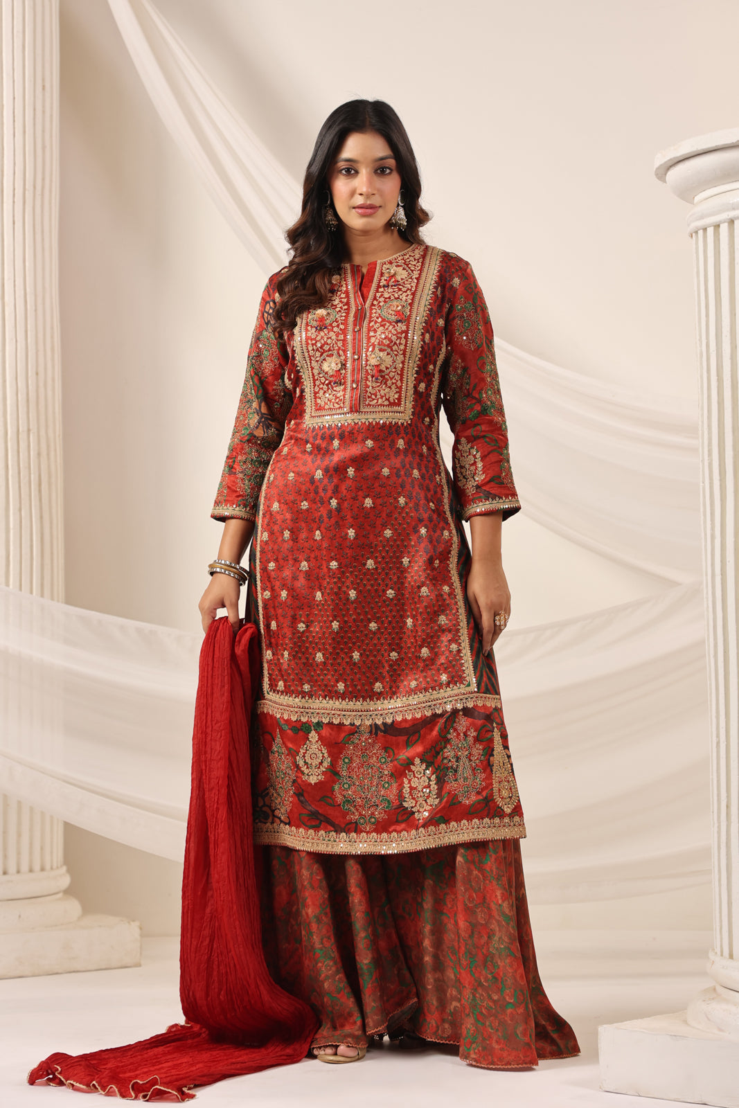 Deep Red Satin Crepe Sharara Suit With Prints & Elegant Embroidery