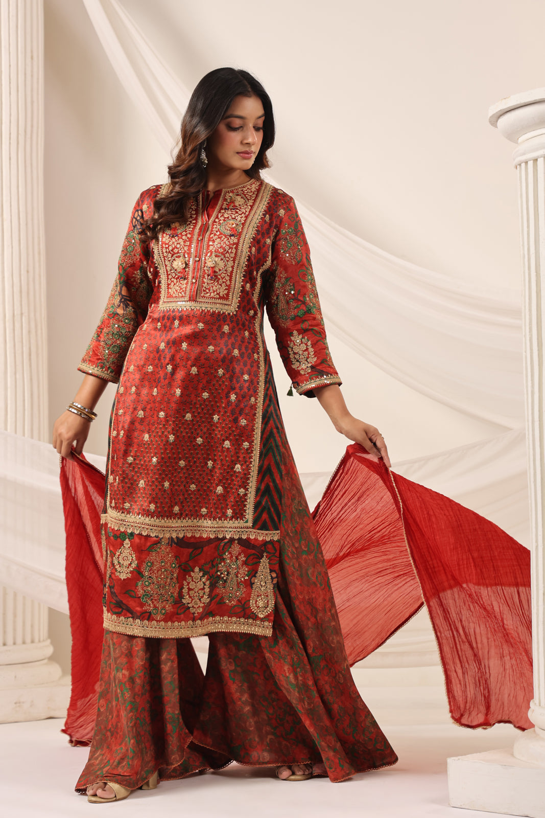 Deep Red Satin Crepe Sharara Suit With Prints & Elegant Embroidery