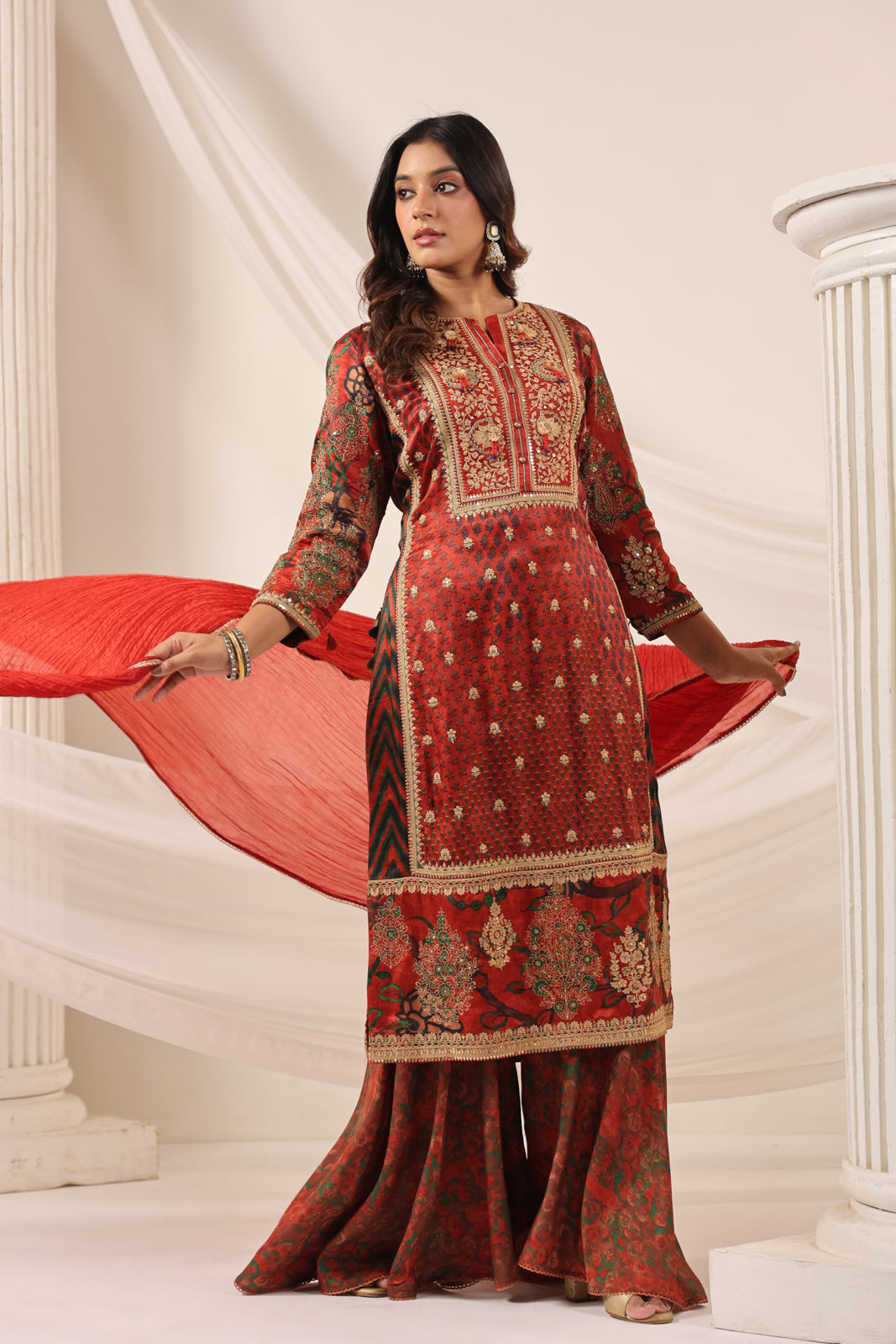 Deep Red Satin Crepe Sharara Suit With Prints & Elegant Embroidery