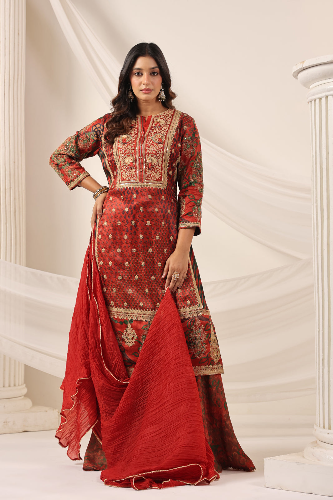 Deep Red Satin Crepe Sharara Suit With Prints & Elegant Embroidery