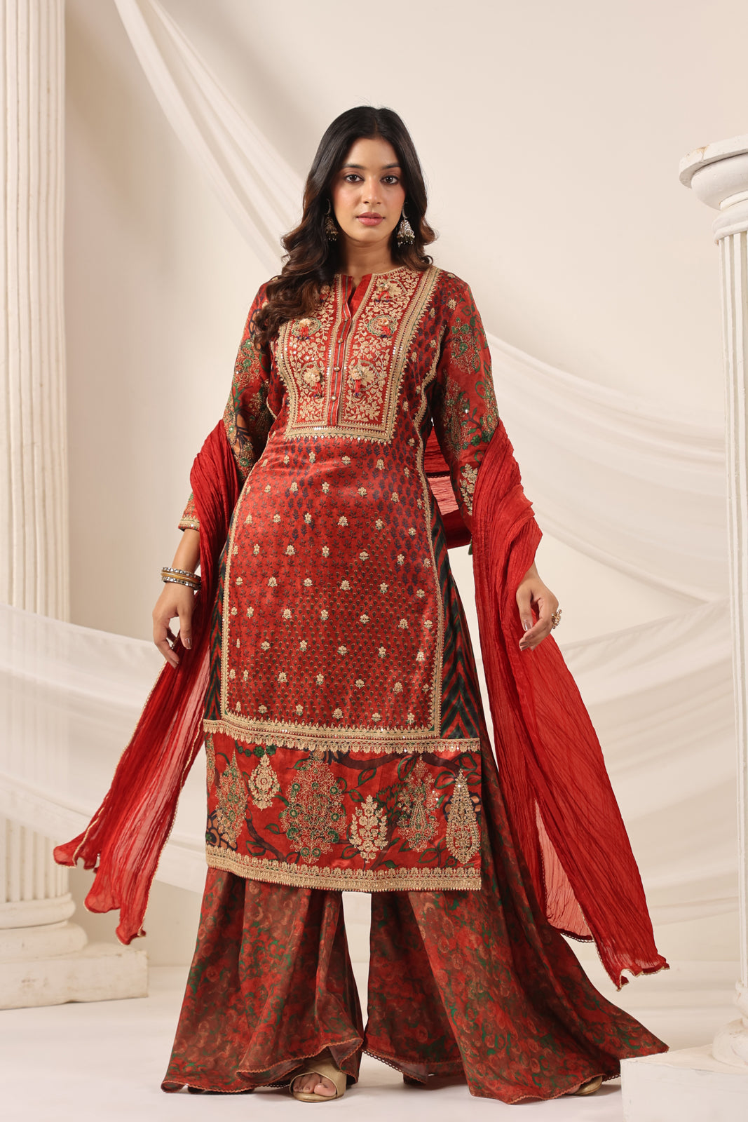Deep Red Satin Crepe Sharara Suit With Prints & Elegant Embroidery
