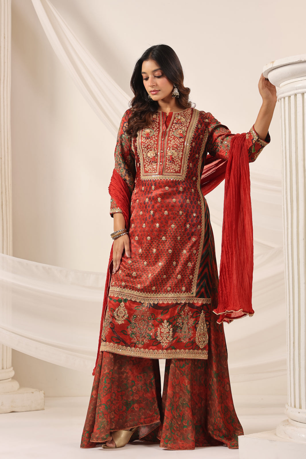 Deep Red Satin Crepe Sharara Suit With Prints & Elegant Embroidery