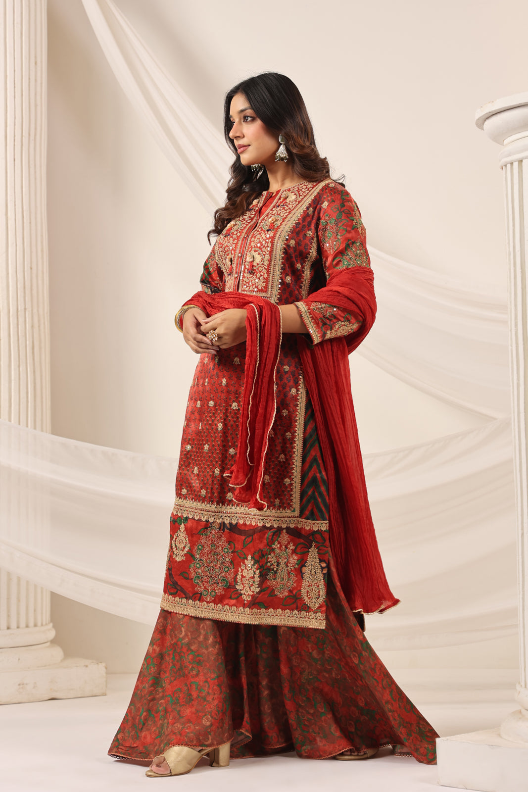 Deep Red Satin Crepe Sharara Suit With Prints & Elegant Embroidery