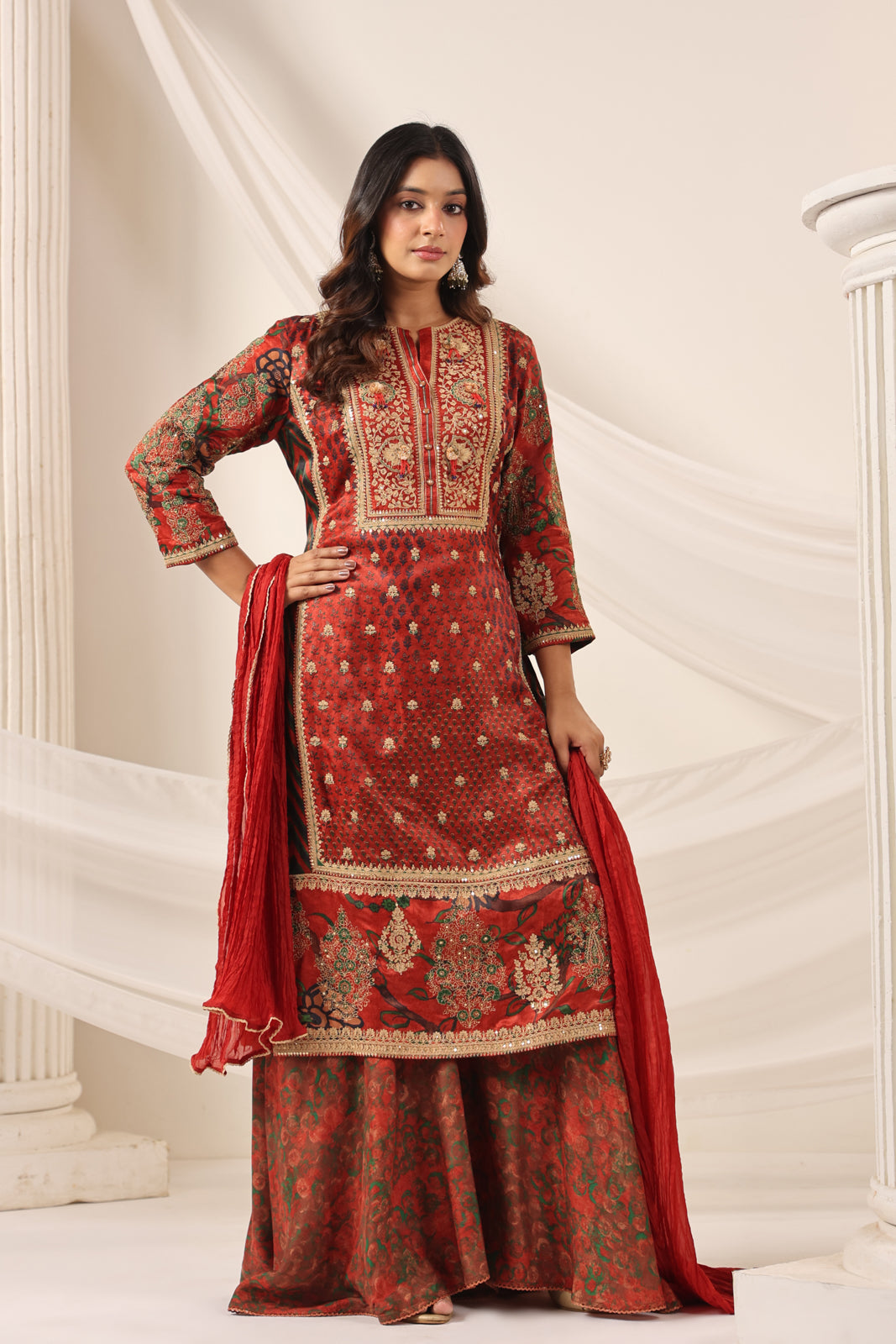 Deep Red Satin Crepe Sharara Suit With Prints & Elegant Embroidery