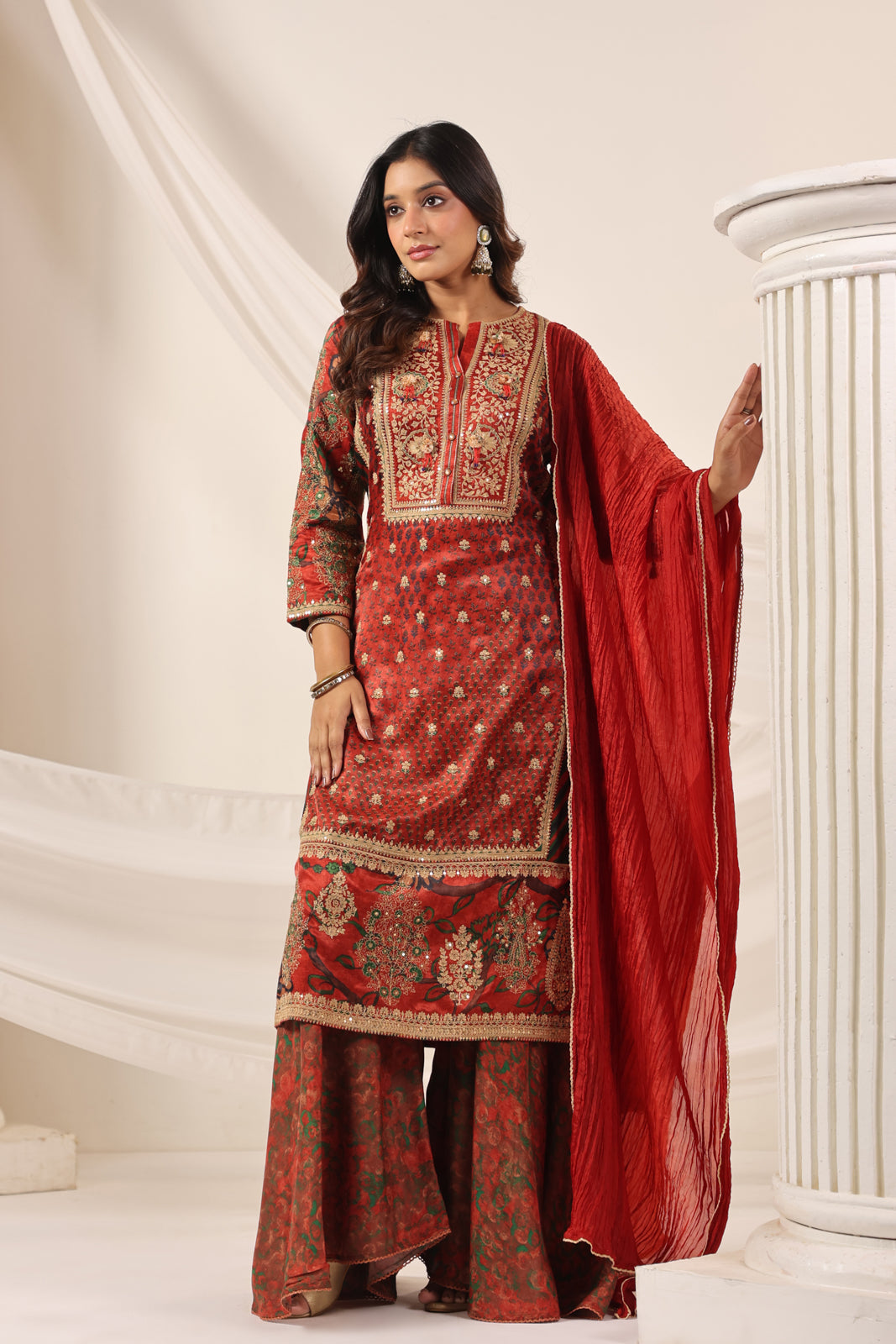 Deep Red Satin Crepe Sharara Suit With Prints & Elegant Embroidery
