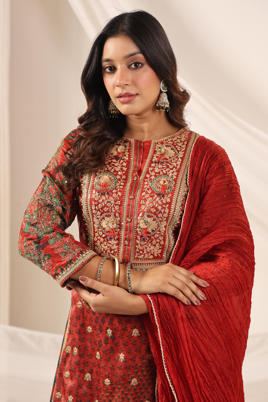 Deep Red Satin Crepe Sharara Suit With Prints & Elegant Embroidery