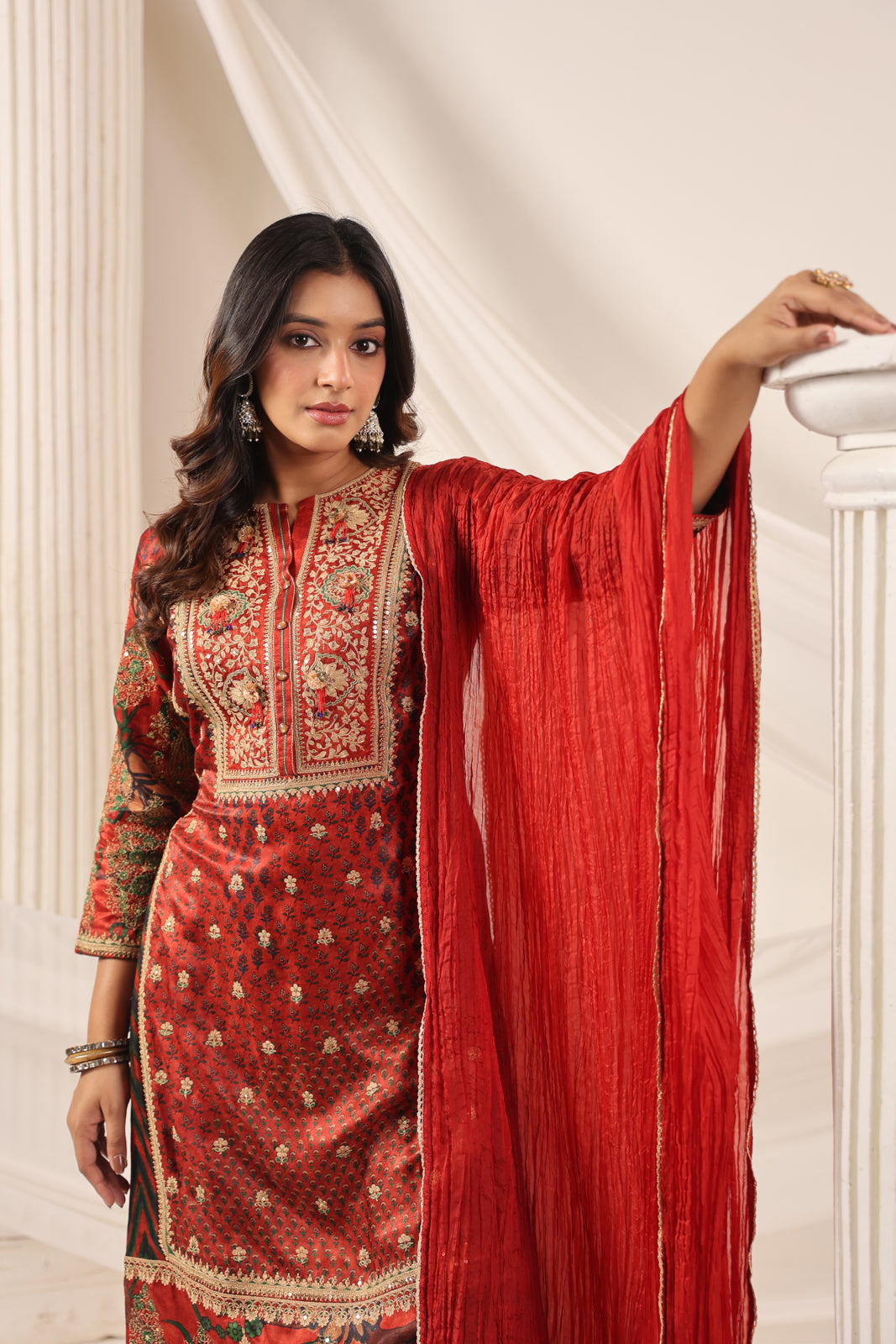 Deep Red Satin Crepe Sharara Suit With Prints & Elegant Embroidery