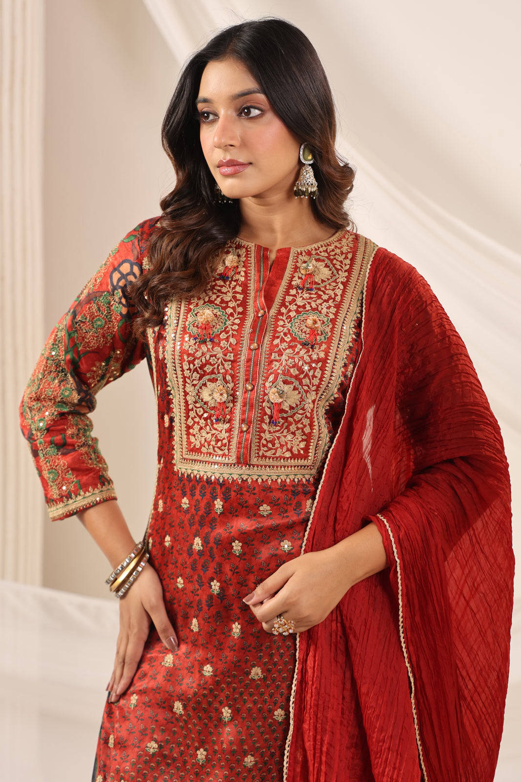 Deep Red Satin Crepe Sharara Suit With Prints & Elegant Embroidery