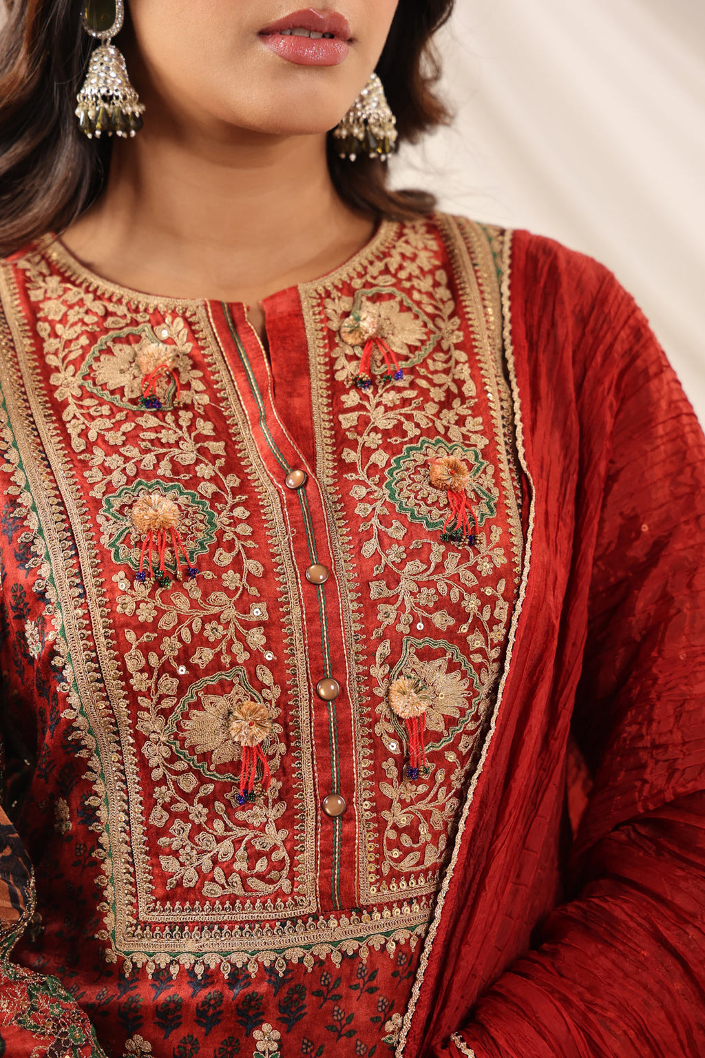 Deep Red Satin Crepe Sharara Suit With Prints & Elegant Embroidery