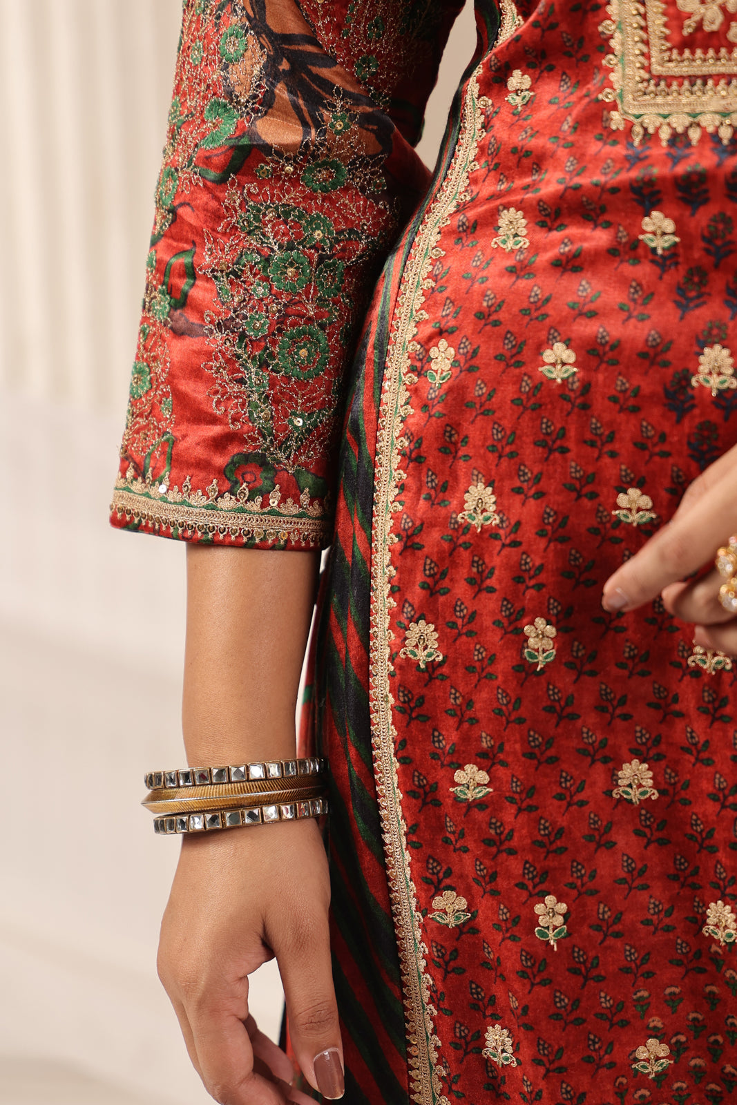 Deep Red Satin Crepe Sharara Suit With Prints & Elegant Embroidery