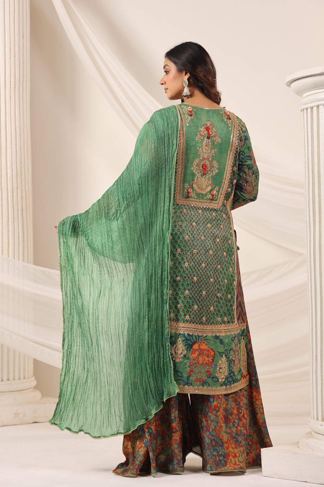 Green Satin Crepe Sharara Suit With Prints & Elegant Embroidery