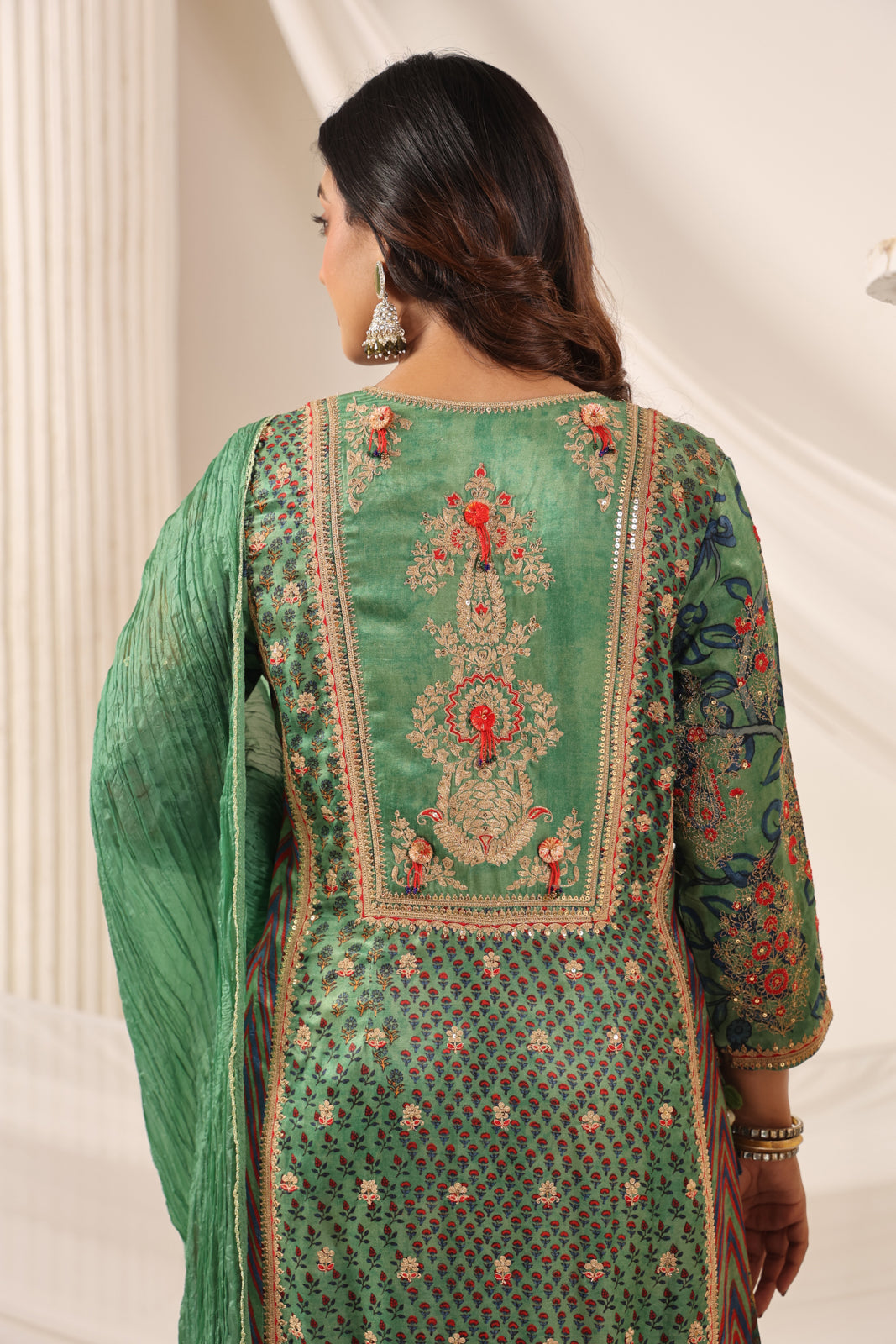Green Satin Crepe Sharara Suit With Prints & Elegant Embroidery