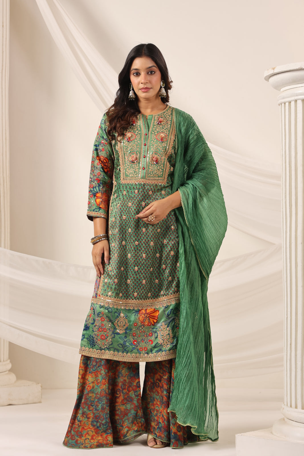 Green Satin Crepe Sharara Suit With Prints & Elegant Embroidery