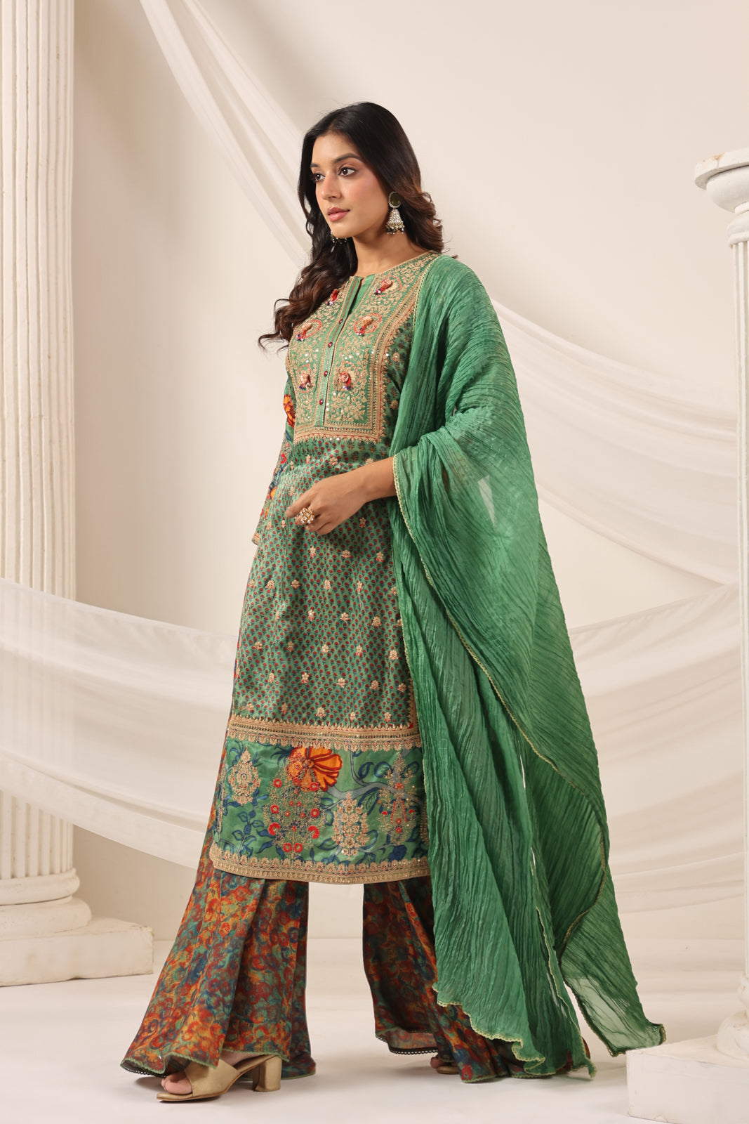 Green Satin Crepe Sharara Suit With Prints & Elegant Embroidery