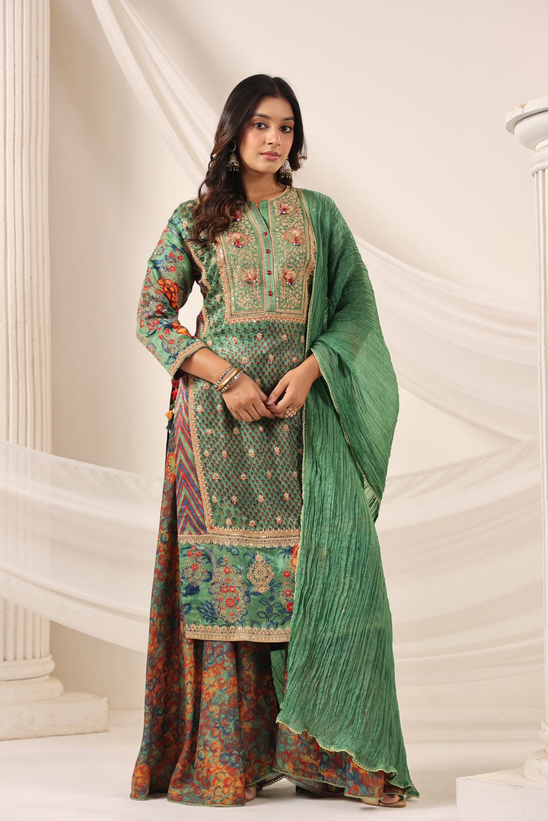 Green Satin Crepe Sharara Suit With Prints & Elegant Embroidery