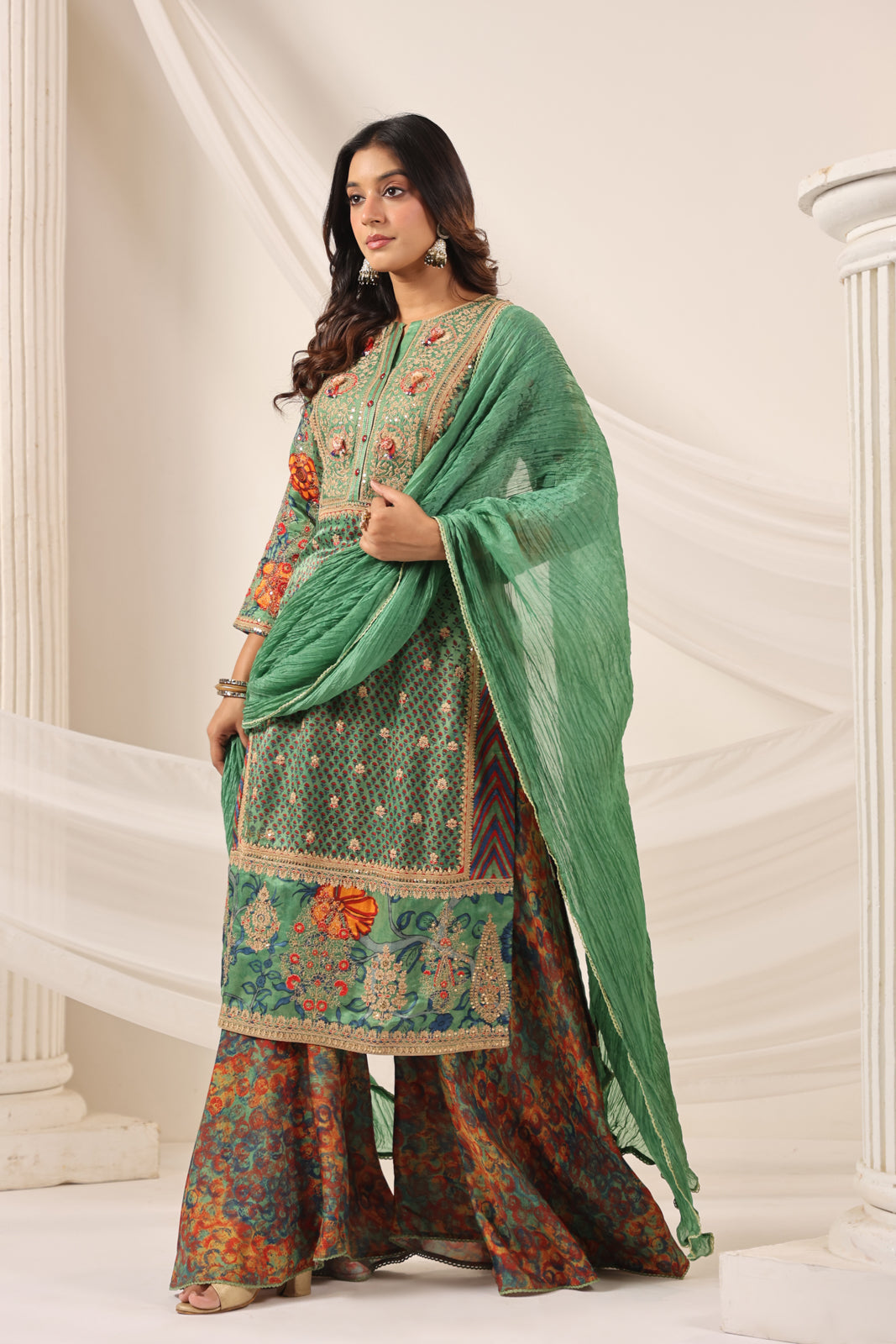 Green Satin Crepe Sharara Suit With Prints & Elegant Embroidery